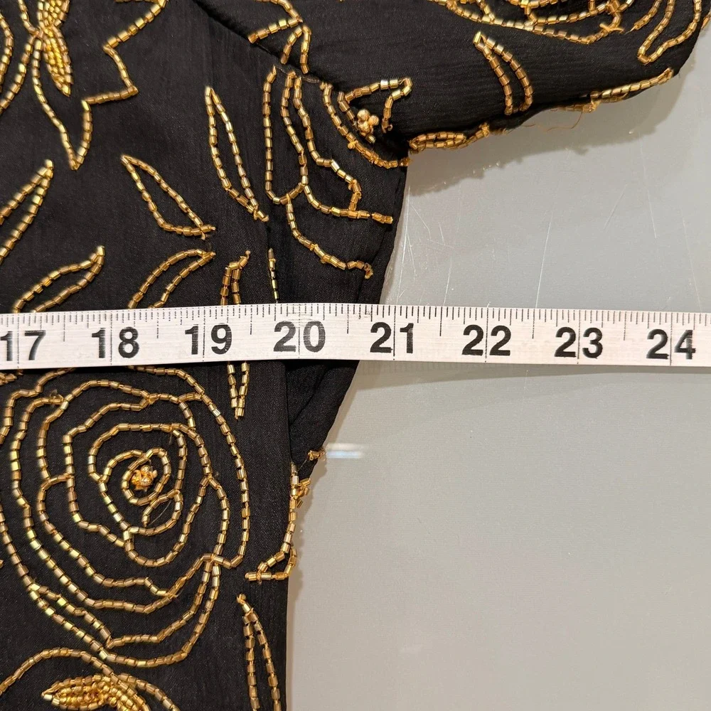 Stenay Vintage‎ Black Silk Gold Beaded Rose Floral Evening Top Blouse XL